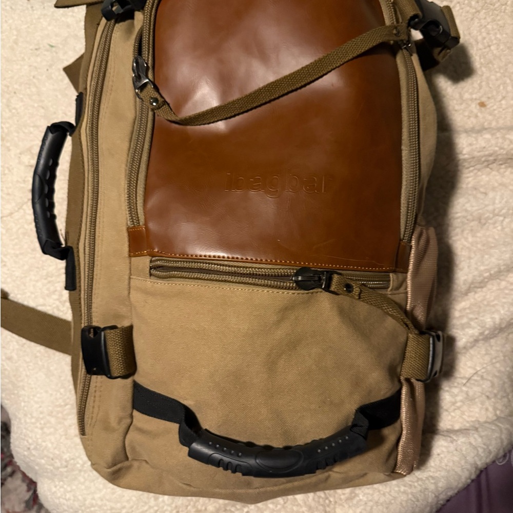 ibagbar Canvas/Leather Backpack/Laptop Versatile Bag Carry On brown 20" Length